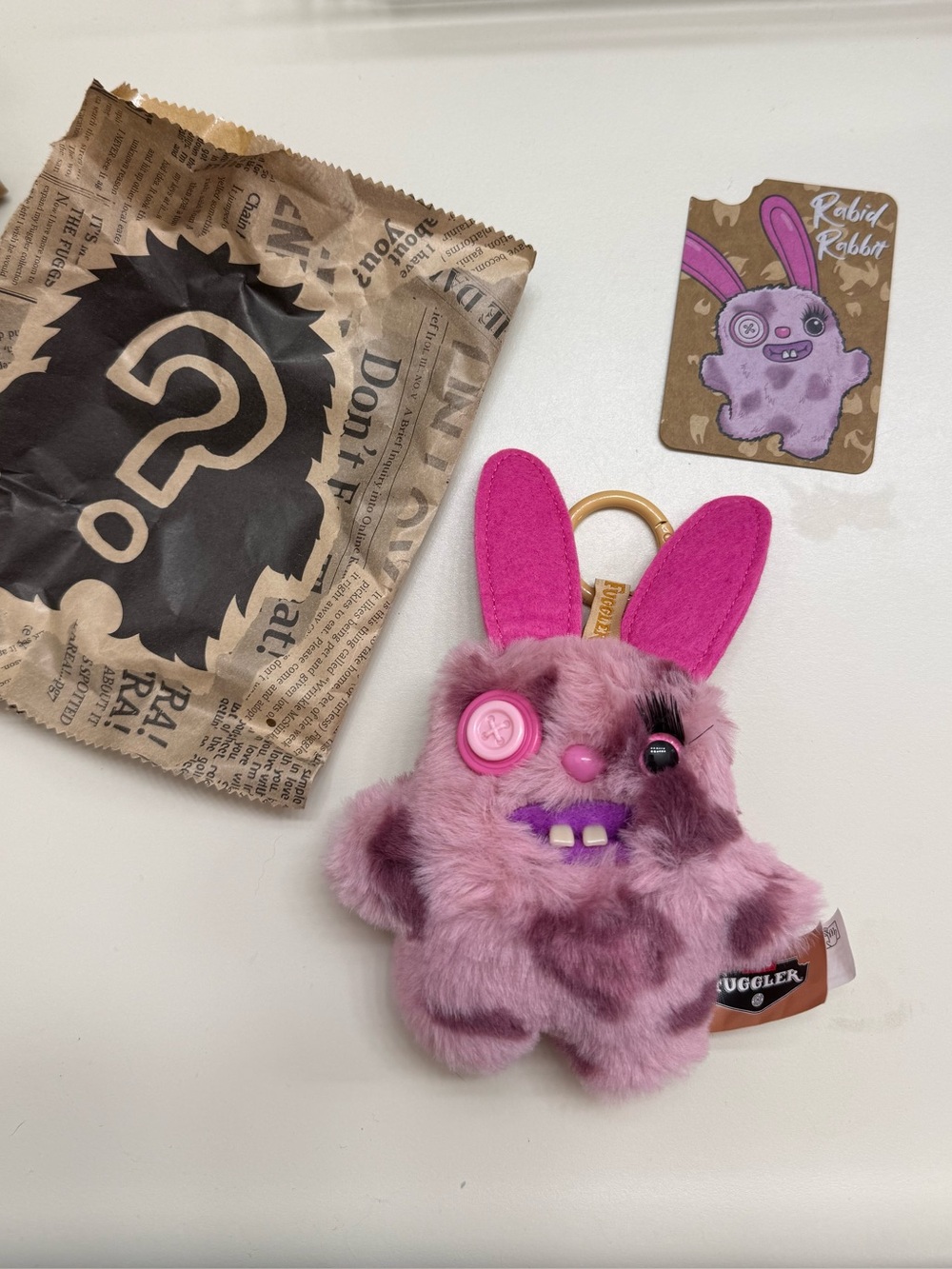 Fuggler Baby Baddies “Rabid Rabbit” Pink Plush Bag Charm Keychain